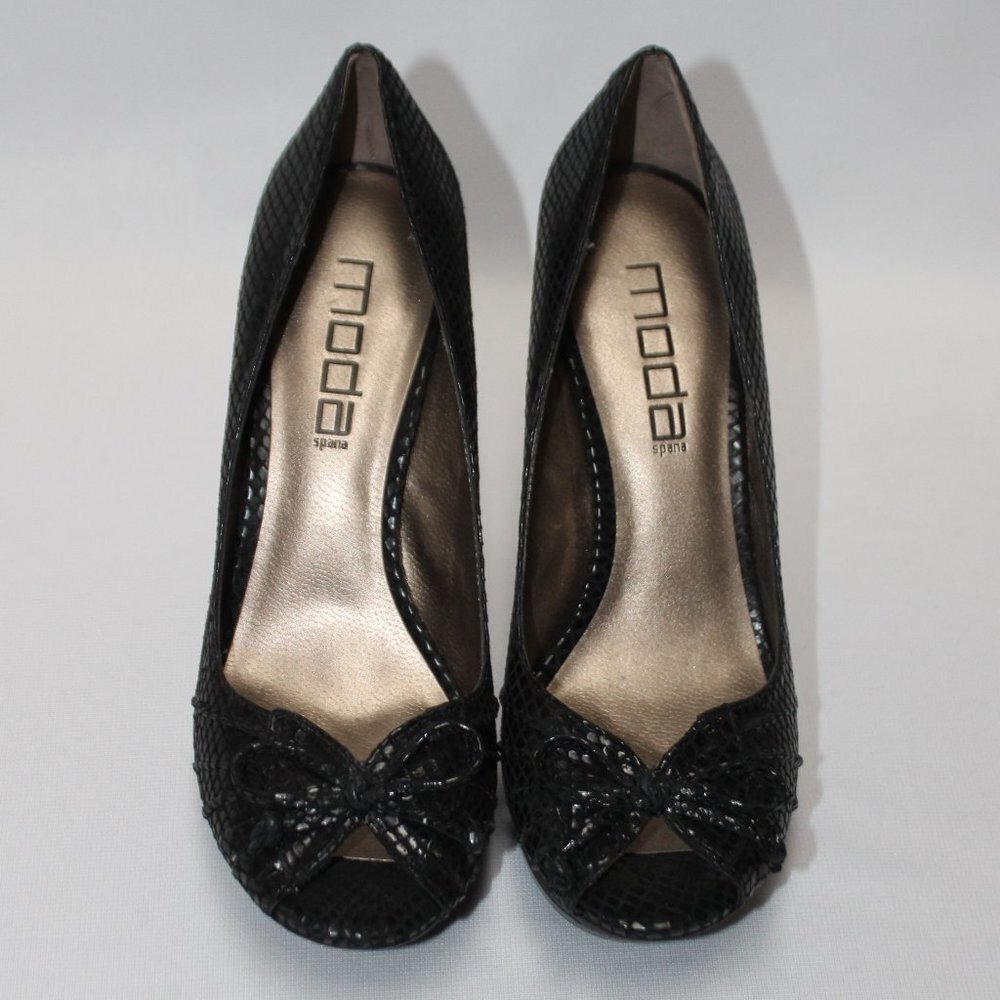 Moda Spana Black Snake Print Peek-a-Boo Toe Shoes with Bow